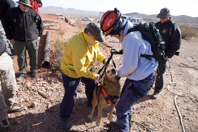Man and Dog on a Dirt Road during Mine Rescue Mission