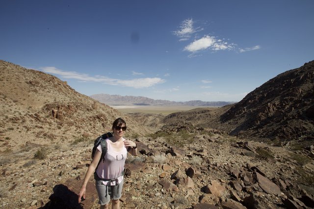 Desert Hiker Pauses at Canyon Overlook in Arid Wilderness