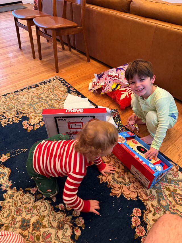 Brothers Playing with Toy Cash Register on Living Room Floor