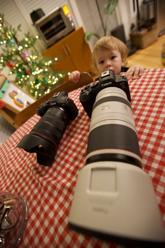 Young Child with Professional Canon Cameras at Christmas