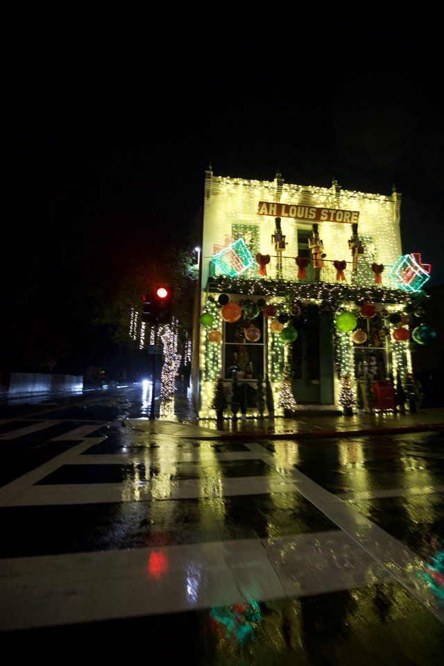Ah Louis Store Illuminated with Holiday Lights at Night