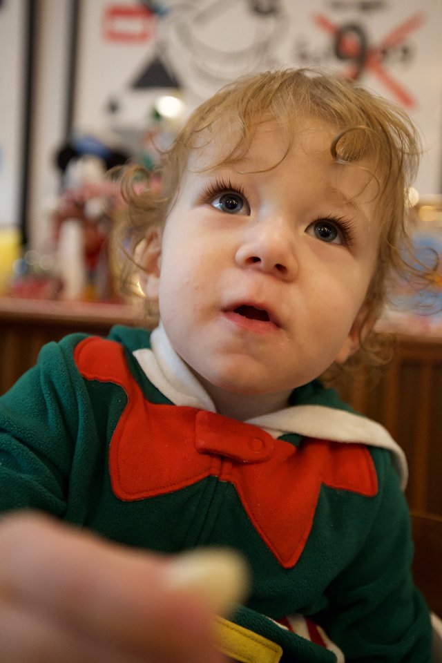 Curious Toddler in Festive Elf Costume