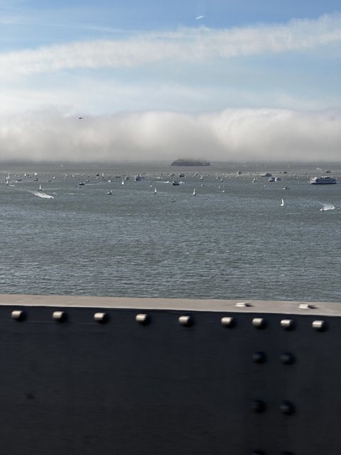 Navy Cruiser and 13 Ships on the Bay Bridge View