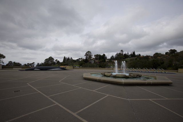 Fountain Plaza Under Dramatic Cloudy Skies
