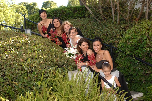 Bridal Party Poses on Garden Staircase at Wedding