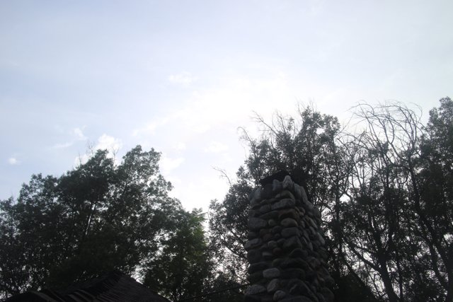 Rustic Stone Chimney and Tree Silhouette