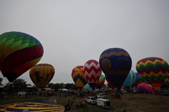Colorful Hot Air Balloons Fill Overcast Morning Sky