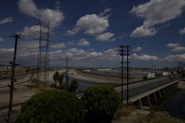 Elevated View of Freeway and Power Lines