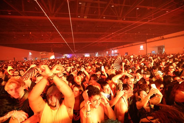 Massive EDM Crowd Electrified Under Red Laser Light