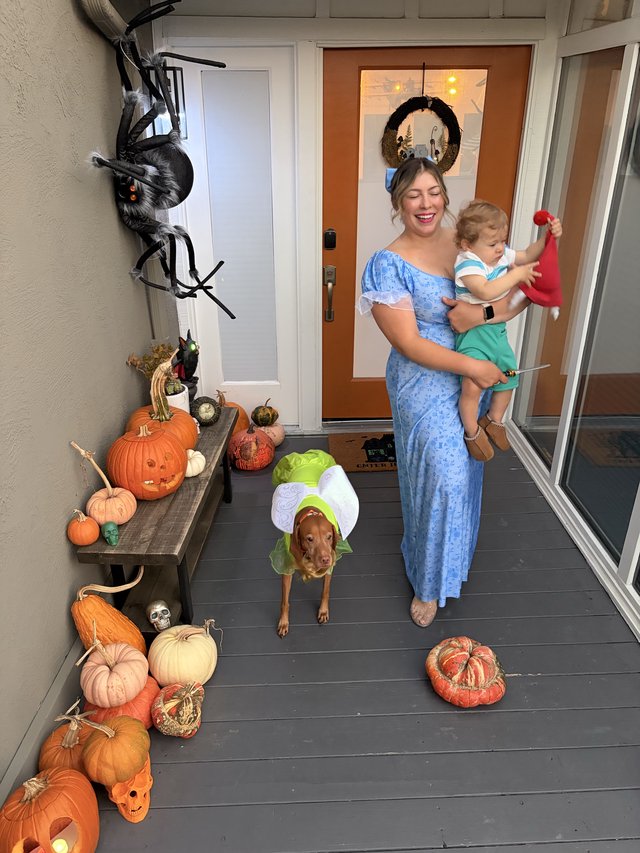 Halloween Porch with Family and Decorated Dog