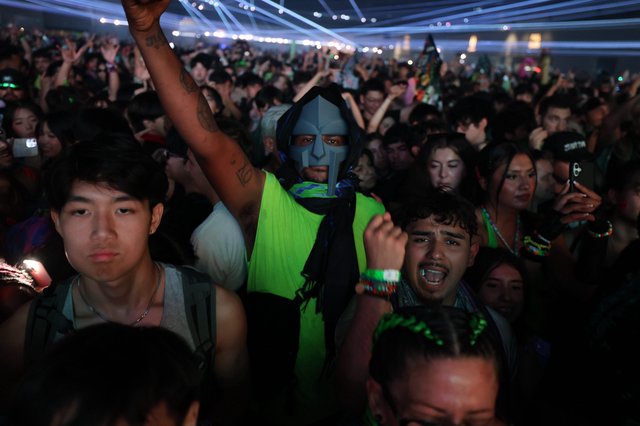 Masked Reveler Raises Fist at Wobbleland Festival