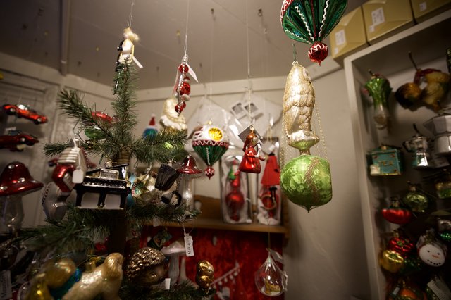 Vintage Christmas Ornament Display in Boutique Shop