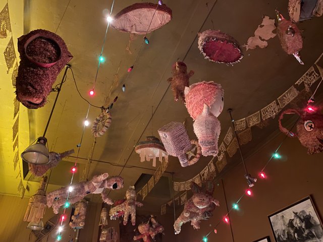 Hanging Meat and Colorful Lights