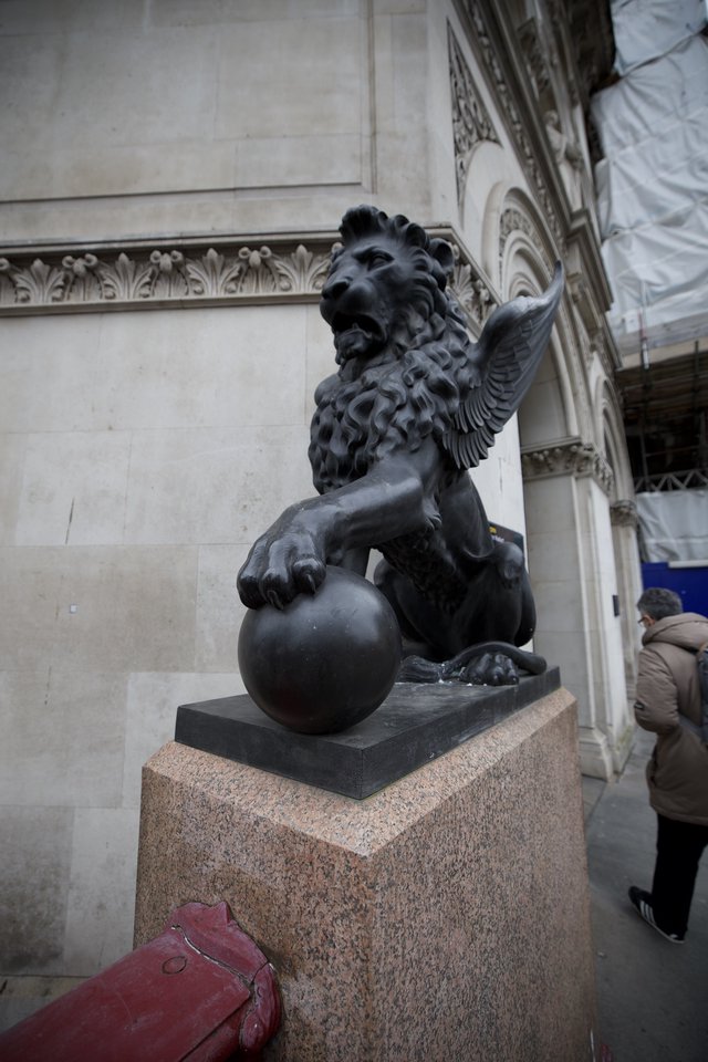 Winged Lion Statue on Granite Pedestal in London