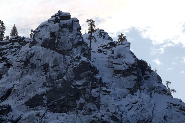 Snow-Covered Rocky Summit with Alpine Pines at Dusk