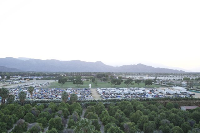 Aerial View of Coachella Parking Lot with Mountain Backdrop