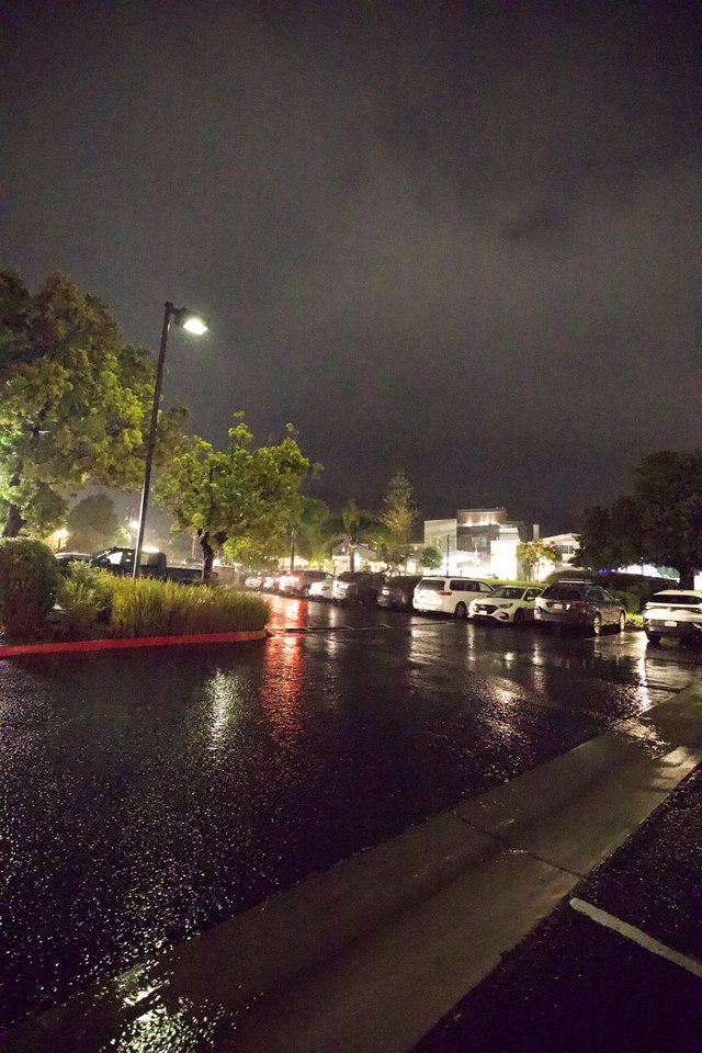 Rainy Night at a Commercial Plaza Parking Lot