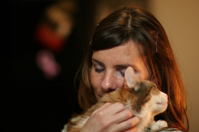 Woman Tenderly Nuzzles Orange Tabby Kitten