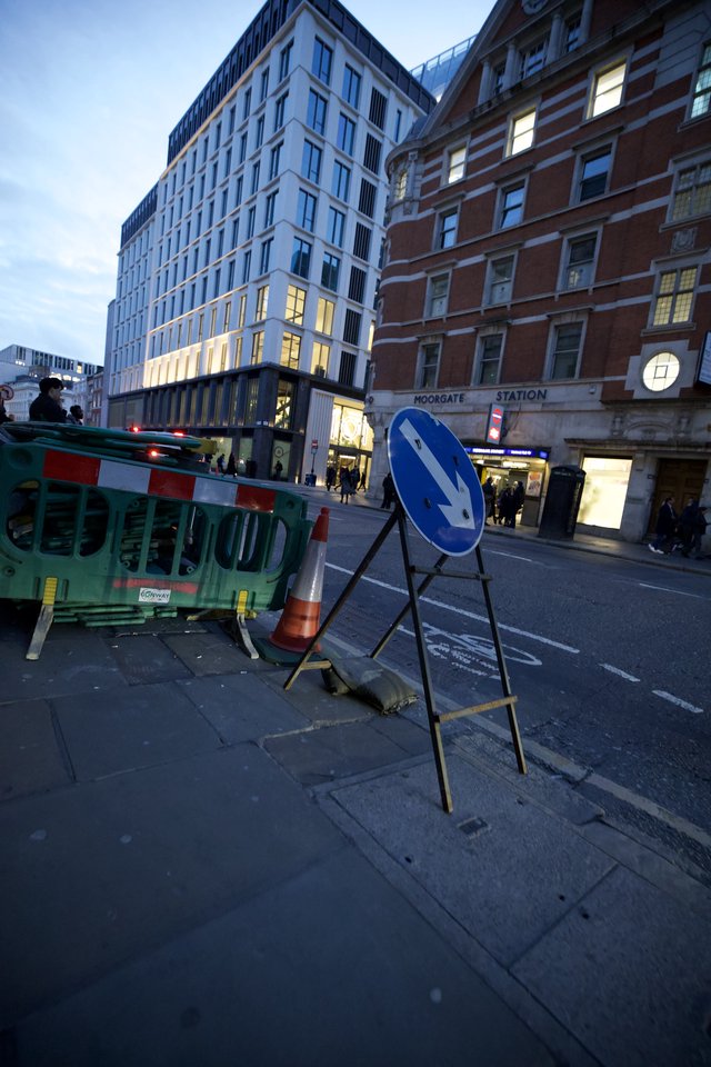Urban Construction Zone at Moorgate Station at Dusk