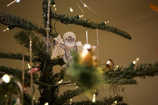 Handcrafted Cat Angel Ornament on Illuminated Christmas Tree