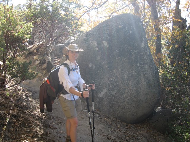Hiker Pauses Beside Massive Boulder on Trail