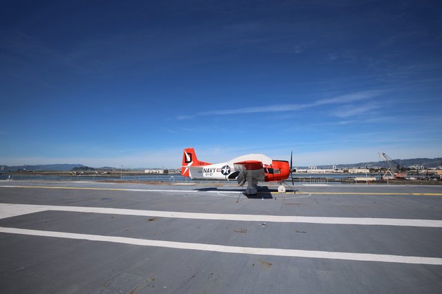 Vintage Navy T-2 Buckeye Trainer on USS Hornet Deck