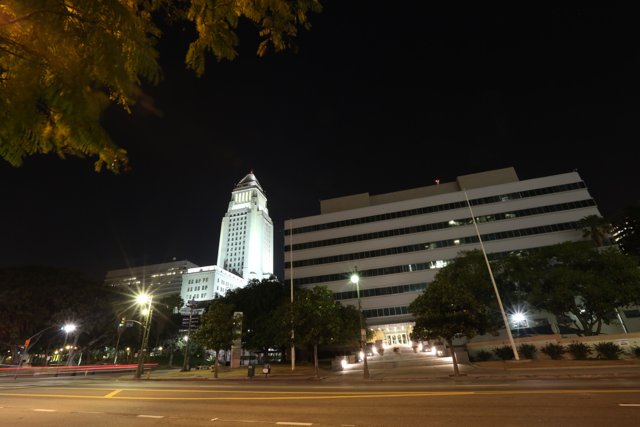 Illuminated City Hall Building at Night