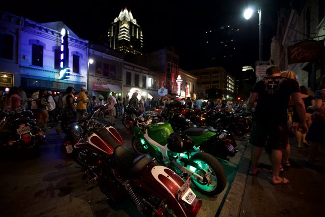 Nighttime Gathering of Motorcycles