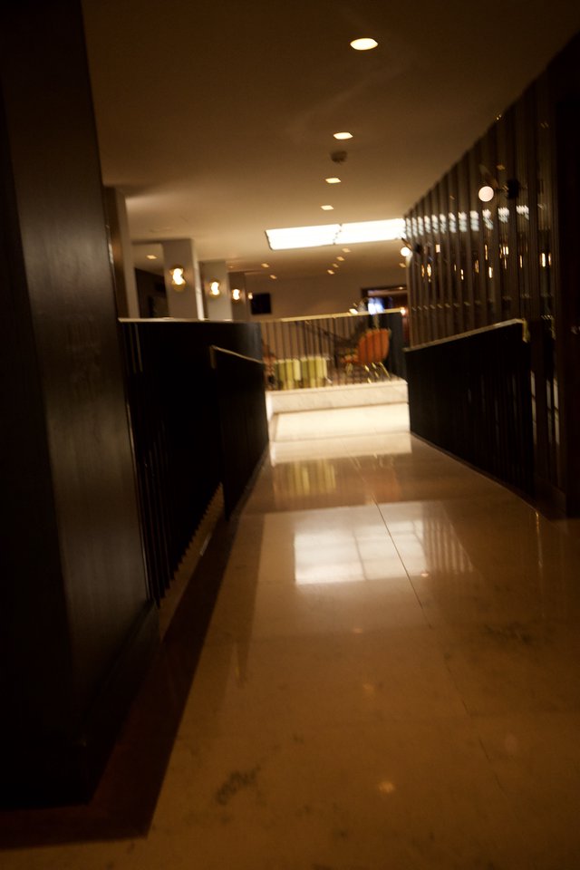 Modern Hotel or Office Corridor with Dark Wood Paneling