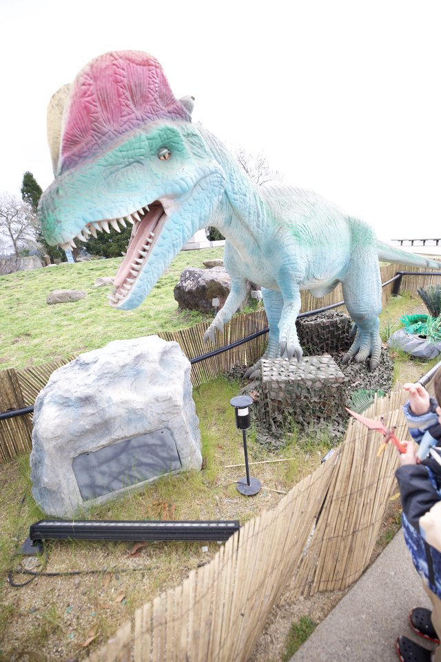 Child Encounters Colorful Spinosaurus Dinosaur at Theme Park