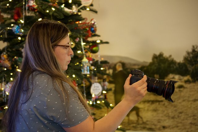 Photographer Reviewing Christmas Photos by Decorated Tree
