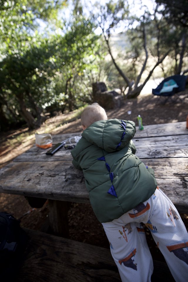 Toddler Explorer at Campsite Picnic Table