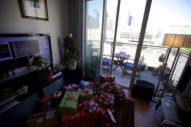 A Festive Living Room Filled with Gifts