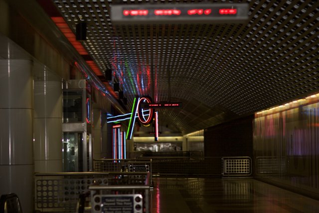 Neon-Lit Corridor of a Restaurant