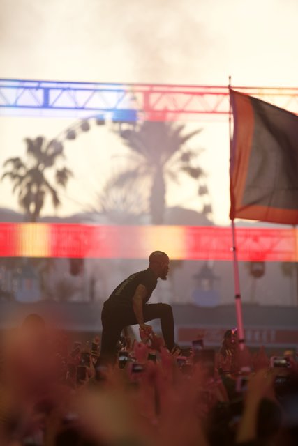 Skateboarder Waves Flag at Coachella Concert