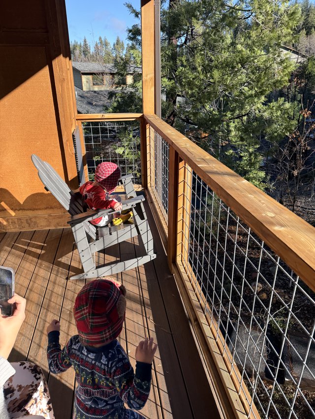 Two Toddlers Enjoying a Snowy Mountain Cabin Deck