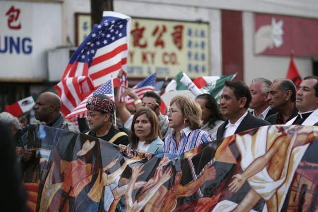 Parade of People with Flags and Banners