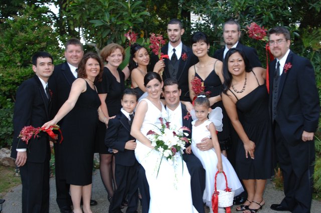 Joyful Wedding Party Celebration in Garden Setting