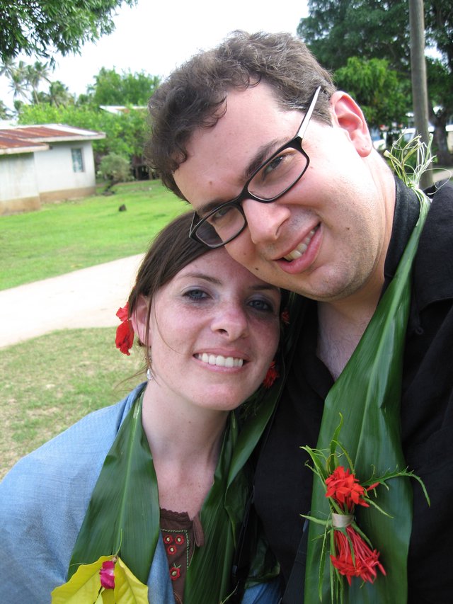 Couple Adorned with Tropical Leis in Fiji
