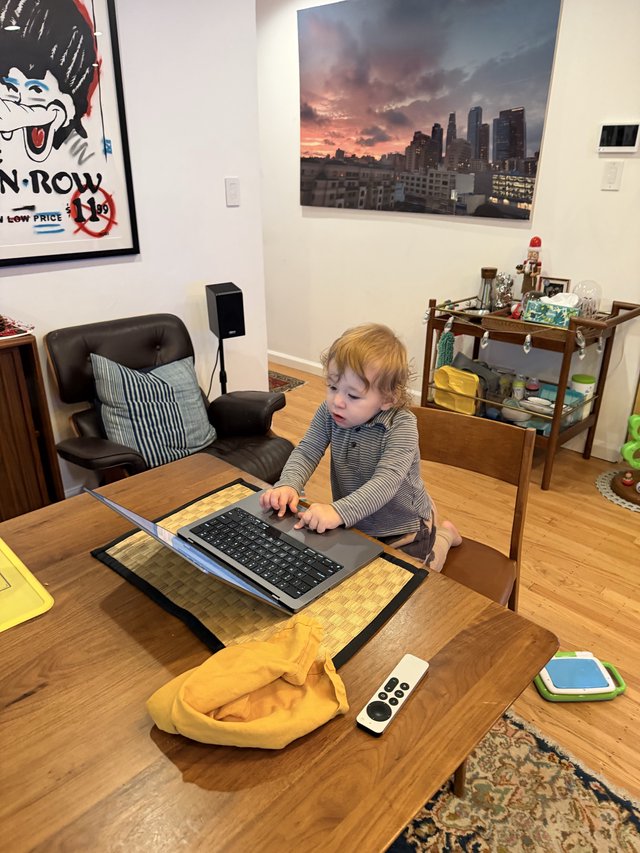 Toddler Working at Laptop in Modern Urban Apartment