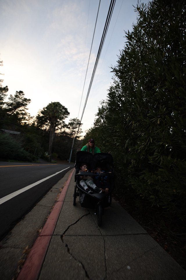 Evening Stroll with Double Stroller at Dusk