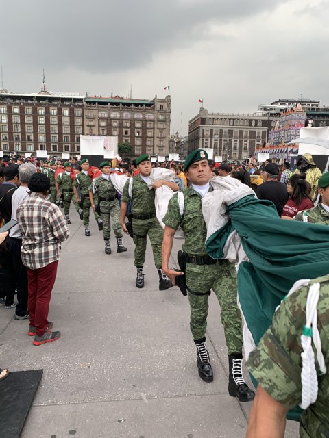 Military Men Carry Flag at Cuauhtémoc Parade