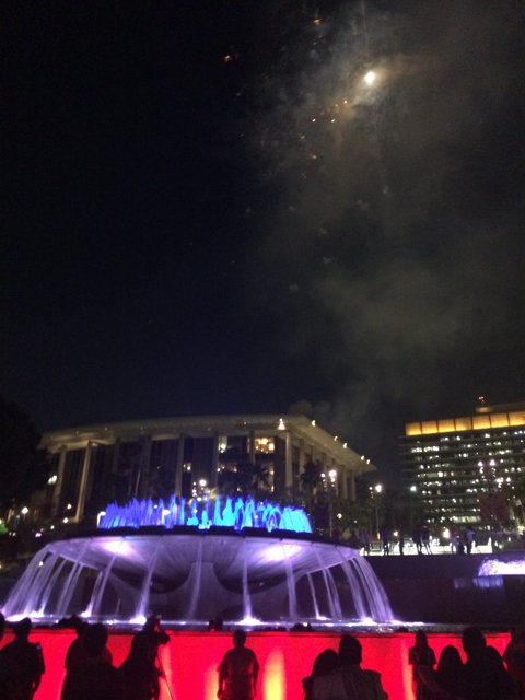 City Hall Fountain Illuminated by Fireworks