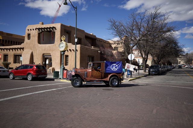 Vintage Truck with Peace Flag in Santa Fe Plaza