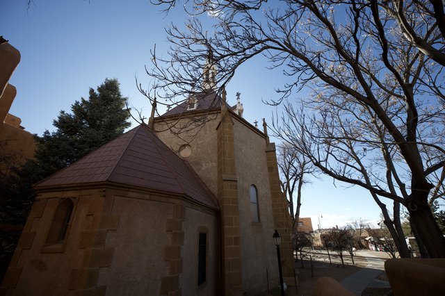 Historic Chapel with Bare Winter Trees in Santa Fe