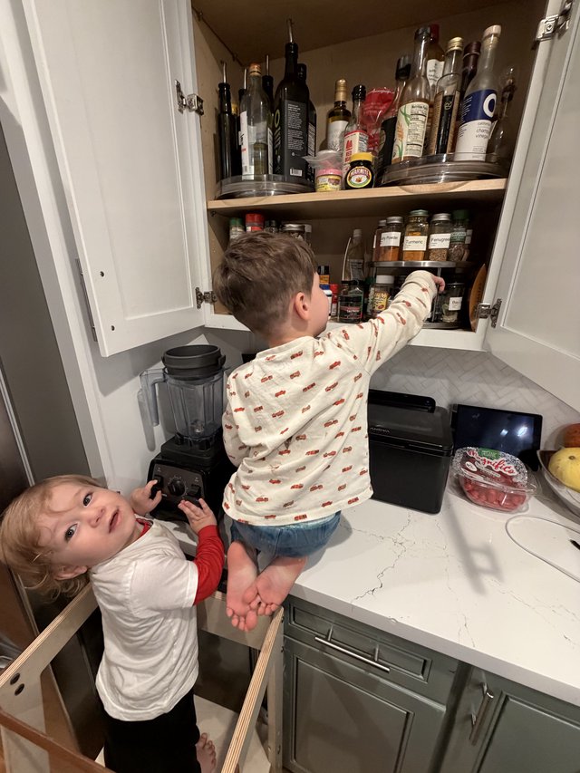Young Brothers Exploring Kitchen Cabinet Together