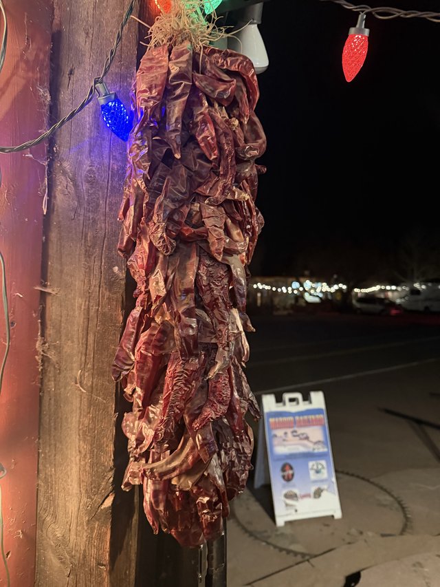 Dried Chile Ristras Hanging at Night in Santa Fe