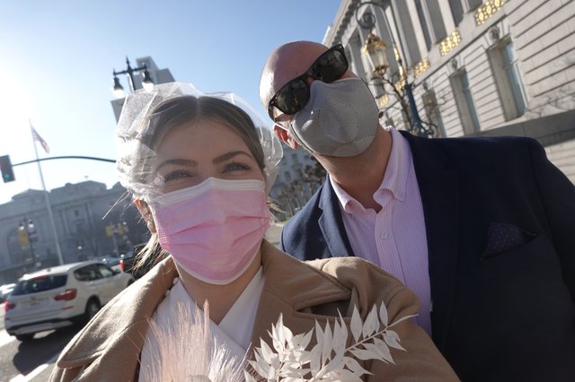 Masked Couple's Urban Wedding Day Portrait