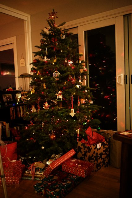 A Festive Living Room with a Christmas Tree