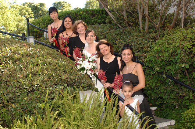Bridal Party Poses on Garden Staircase at Wedding